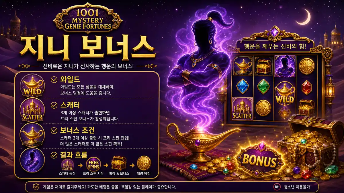 1001 Mystery Genie Fortunes 슬롯게임의 지니 보너스와 특수 심볼 이미지