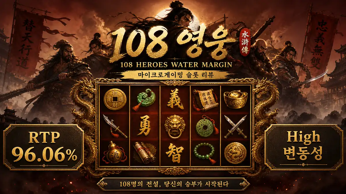 108 Heroes Water Margin 슬롯게임 RTP와 High 변동성을 정리한 본문 이미지
