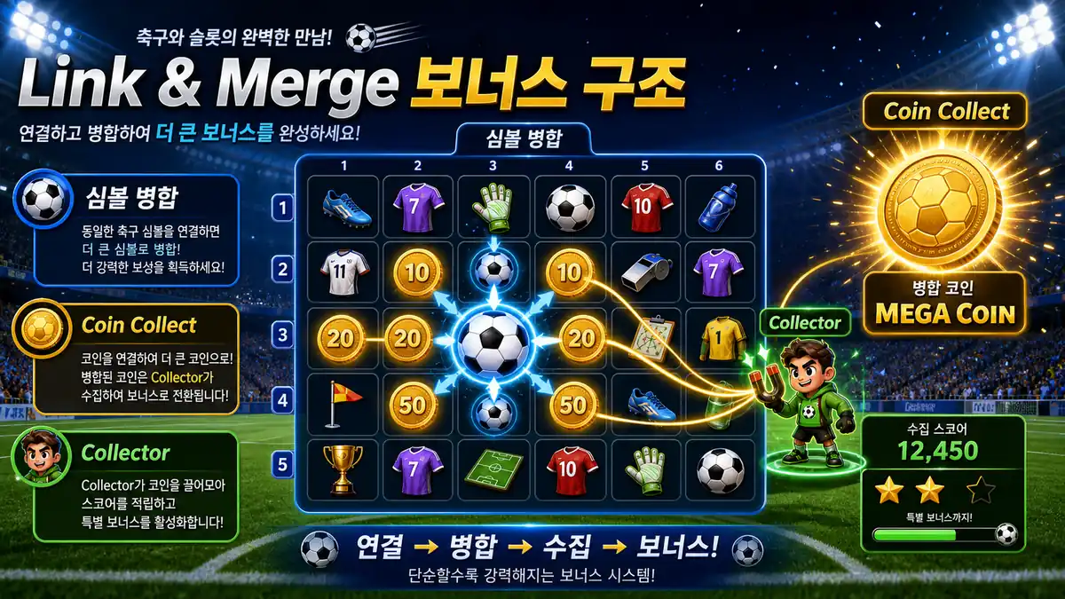 123 Soccer Link&Merge 보너스와 Coin Collect 구조를 설명하는 본문 이미지