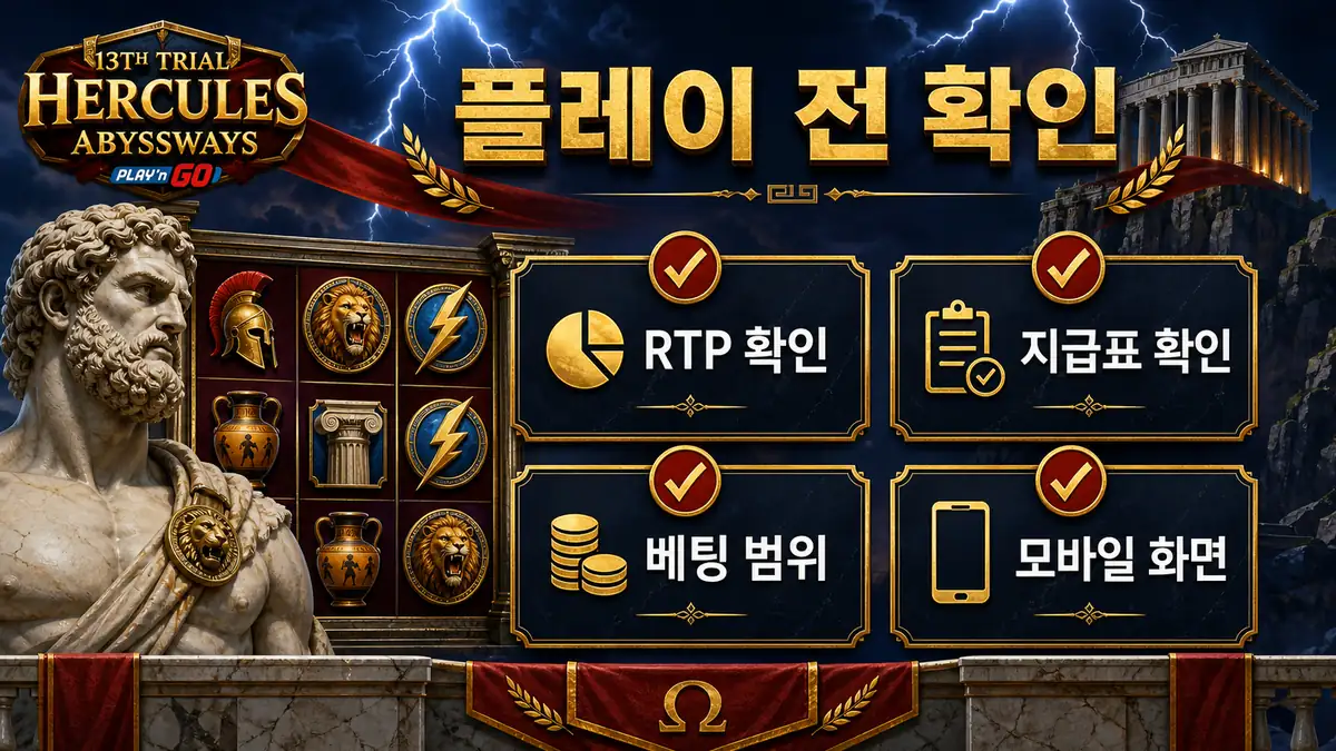 13th Trial Hercules Abyssways 슬롯게임의 RTP 지급표 베팅 범위 확인사항을 정리한 본문 이미지
