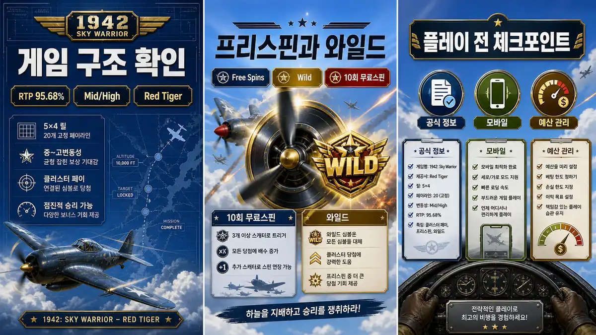 1942 Sky Warrior 프리스핀과 와일드 기능을 설명하는 이미지