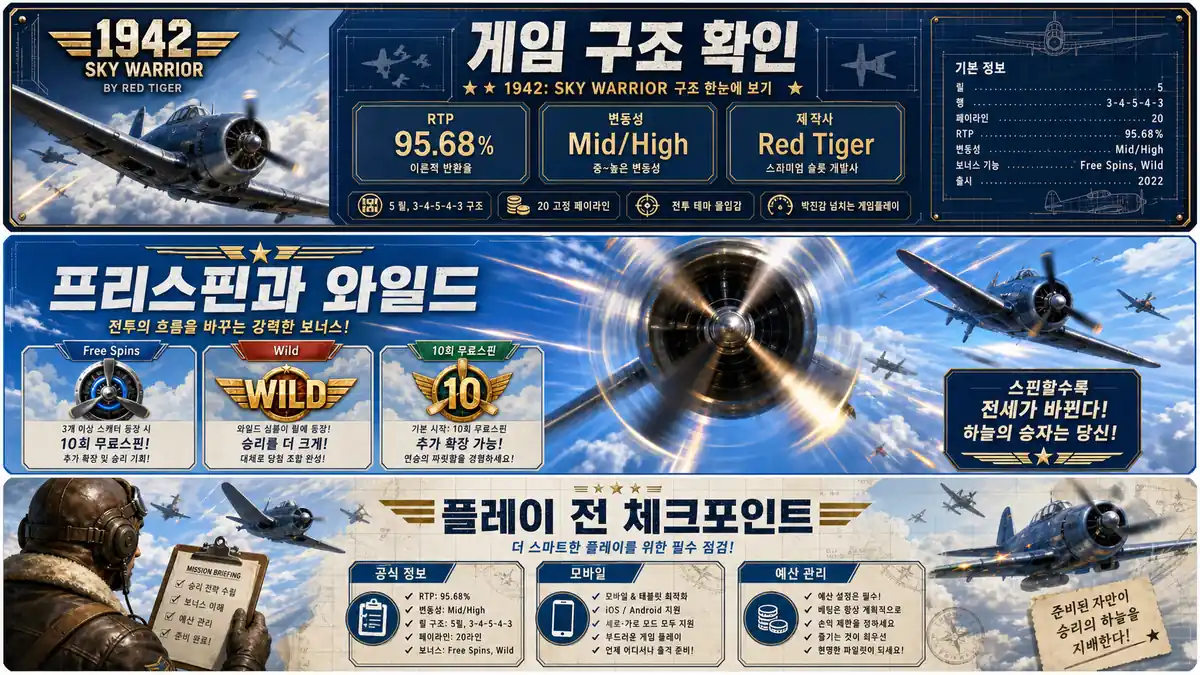 1942 Sky Warrior 슬롯게임 구조와 RTP Mid High 변동성을 정리한 이미지
