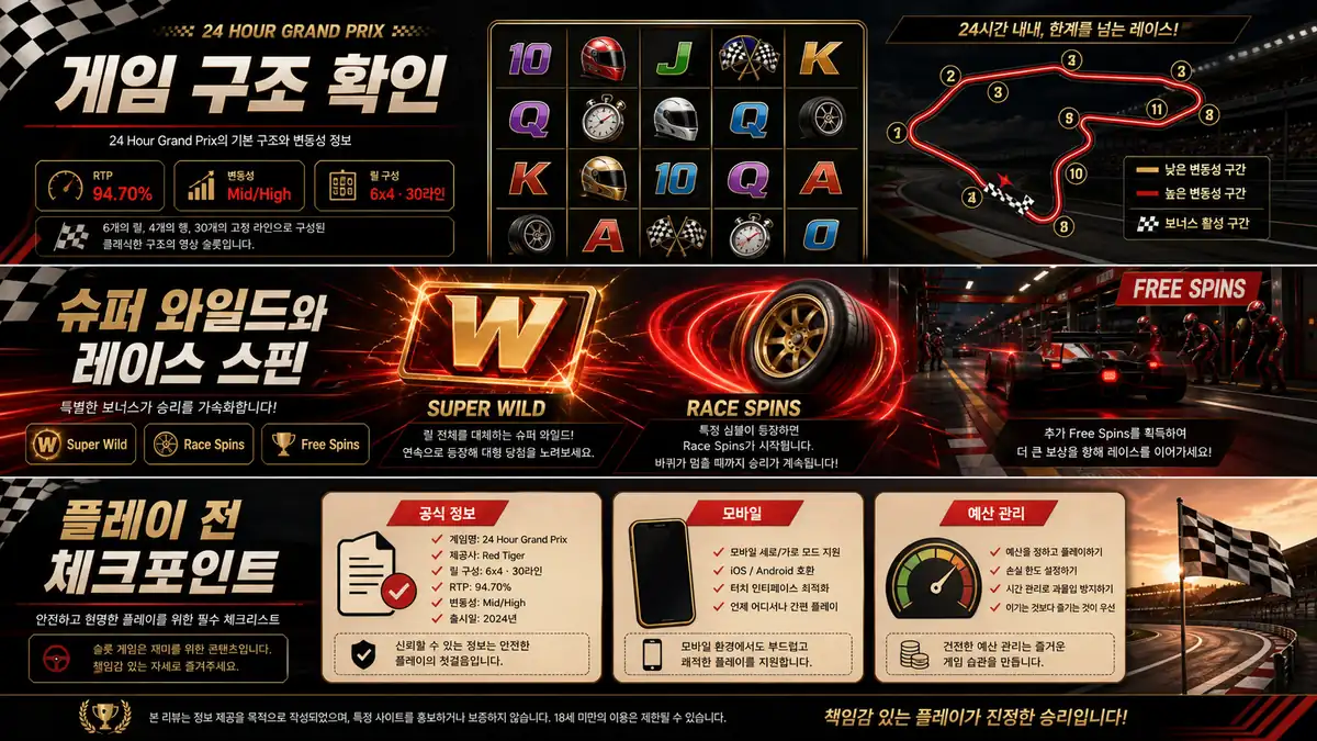 24 Hour Grand Prix 슬롯게임 구조와 RTP Mid High 변동성을 정리한 이미지