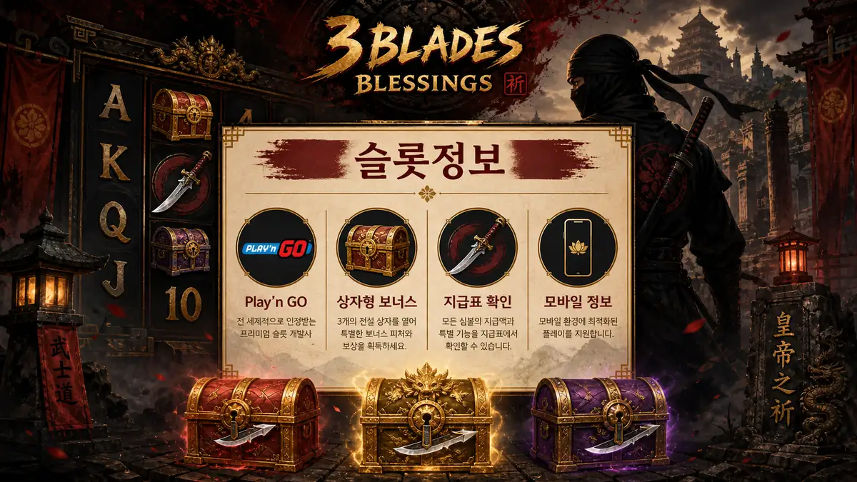 3 Blades Blessings 슬롯게임의 기본 정보와 상자형 보너스 확인 기준을 정리한 본문 이미지