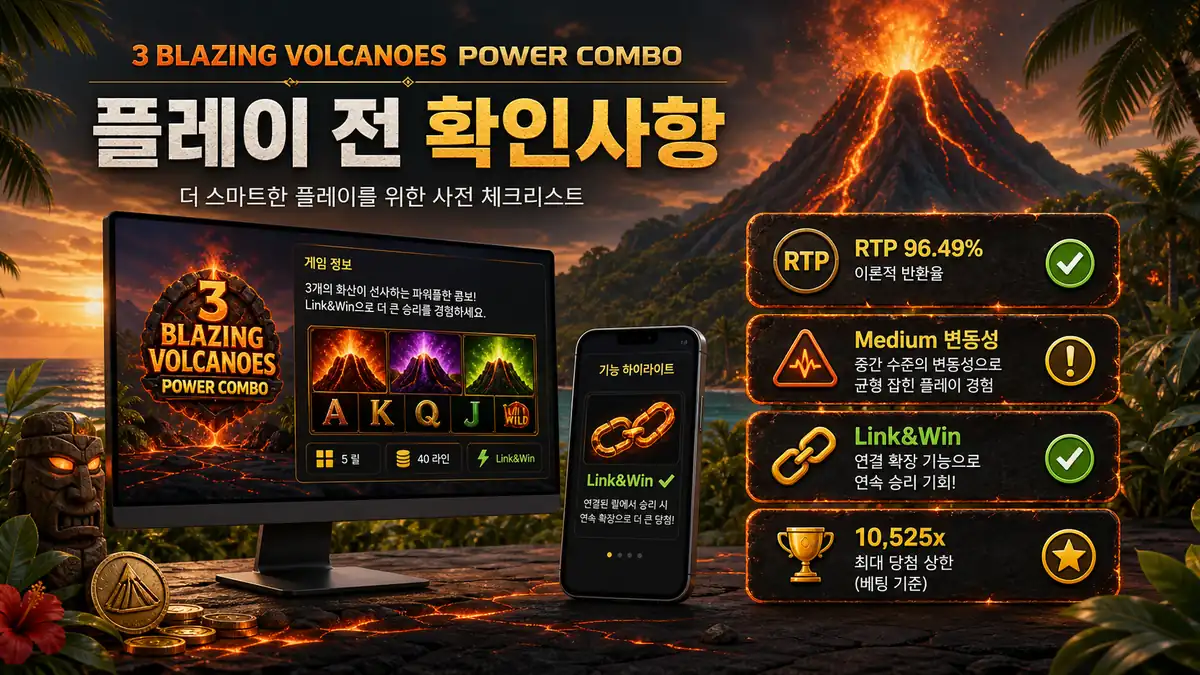 3 Blazing Volcanoes Power Combo 플레이 전 RTP와 Link Win 확인사항 이미지