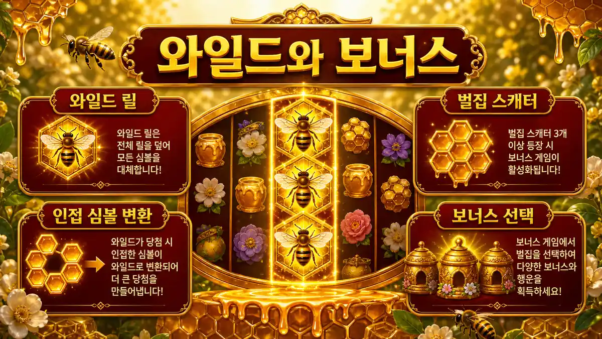 3 Buzzing Wilds 슬롯게임의 와일드 효과와 벌집 스캐터 보너스 구조를 설명하는 본문 이미지