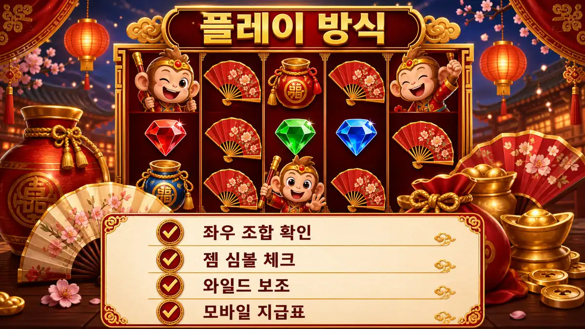 3 Dancing Monkeys 슬롯게임의 웨이 지급과 모바일 지급표 확인을 설명하는 본문 이미지