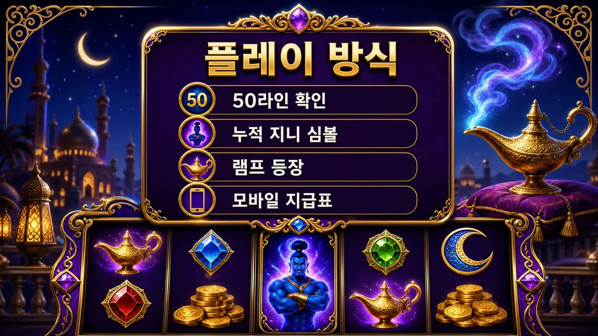 3 Genie Wishes 슬롯게임의 50라인 진행과 지니 심볼 확인을 설명하는 본문 이미지