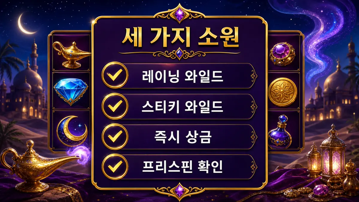 3 Genie Wishes 슬롯게임의 레이닝 와일드와 스티키 와일드 프리스핀을 설명하는 본문 이미지