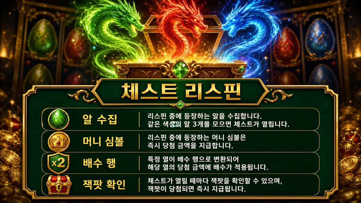 3 Magic Eggs 슬롯게임의 체스트 리스핀과 드래곤 수정 기능을 설명하는 본문 이미지