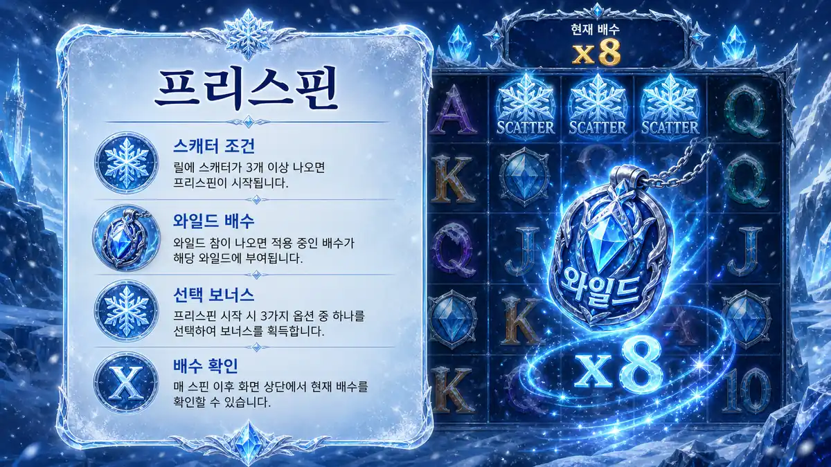 5 Frozen Charms Megaways 슬롯게임의 프리스핀과 와일드 배수 구조를 설명하는 본문 이미지