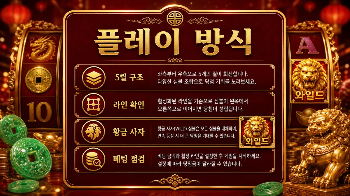 5 Lions 슬롯게임의 플레이 방식과 황금 사자 와일드 흐름을 정리한 본문 이미지