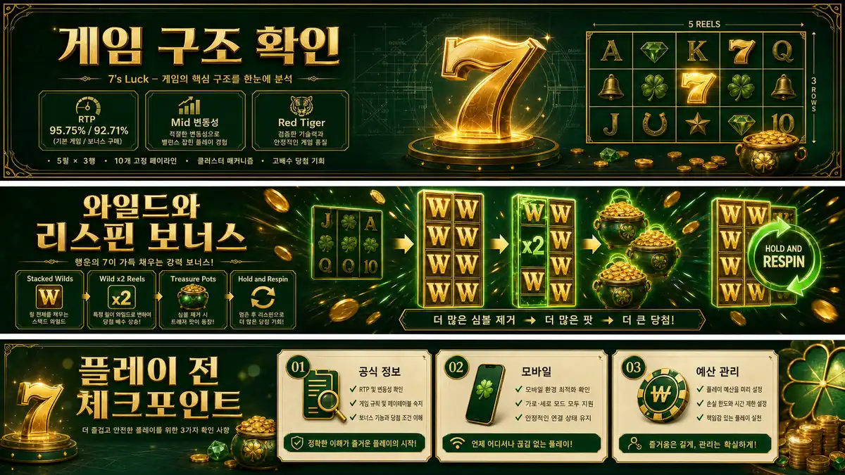 7’s Luck 슬롯게임 RTP Mid 변동성 구조를 정리한 이미지
