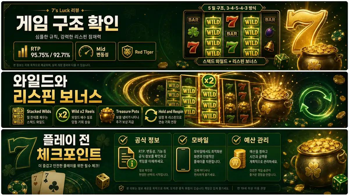 7’s Luck Stacked Wilds Treasure Pots Hold and Respin 기능 이미지