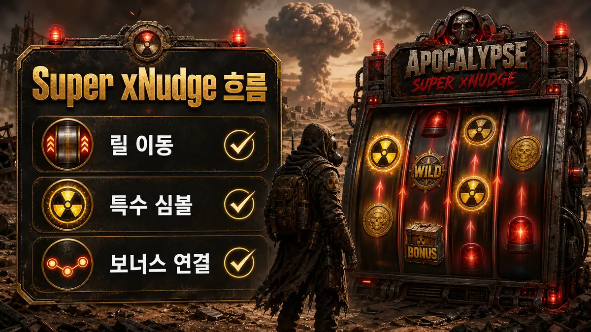 Apocalypse Super xNudge 슬롯게임의 Super xNudge 릴 이동과 보너스 흐름을 정리한 본문 이미지