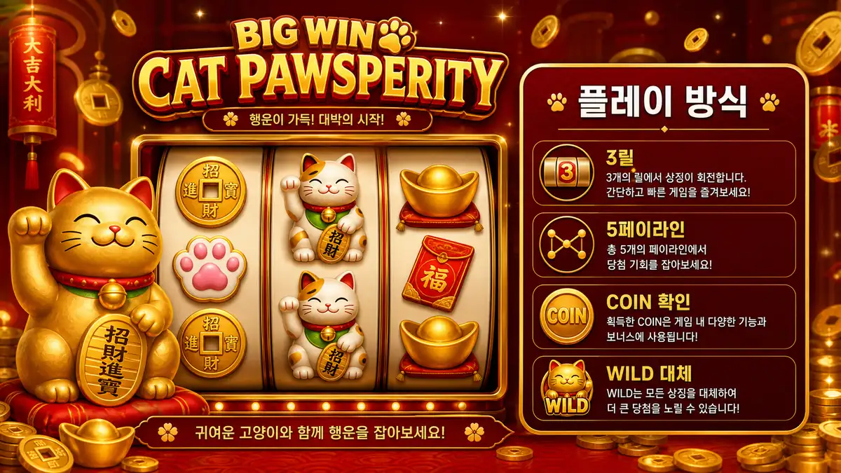 Big Win Cat Pawsperity 슬롯게임의 3릴 5페이라인 플레이 방식을 설명하는 본문 이미지