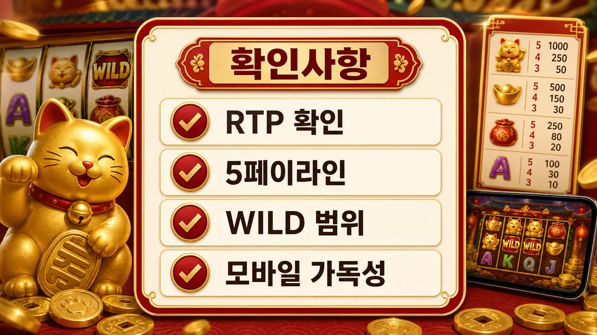 Big Win Cat Pawsperity 슬롯게임의 RTP와 5페이라인 및 WILD 확인사항을 정리한 본문 이미지