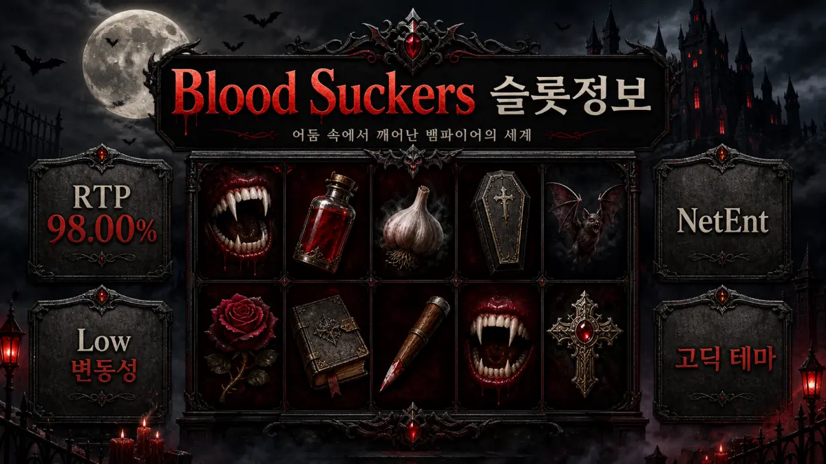 Blood Suckers 슬롯게임의 RTP 98.00%와 Low 변동성을 정리한 본문 이미지