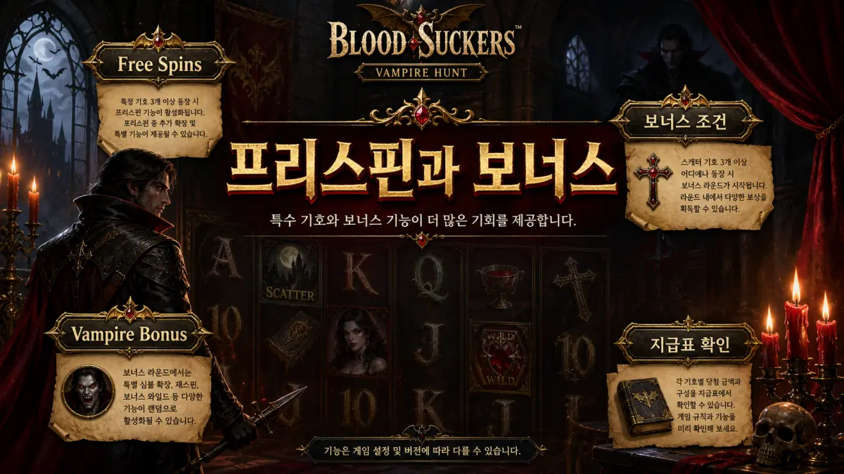 Blood Suckers 슬롯게임의 Free Spins와 Vampire Slaying Bonus 흐름 이미지