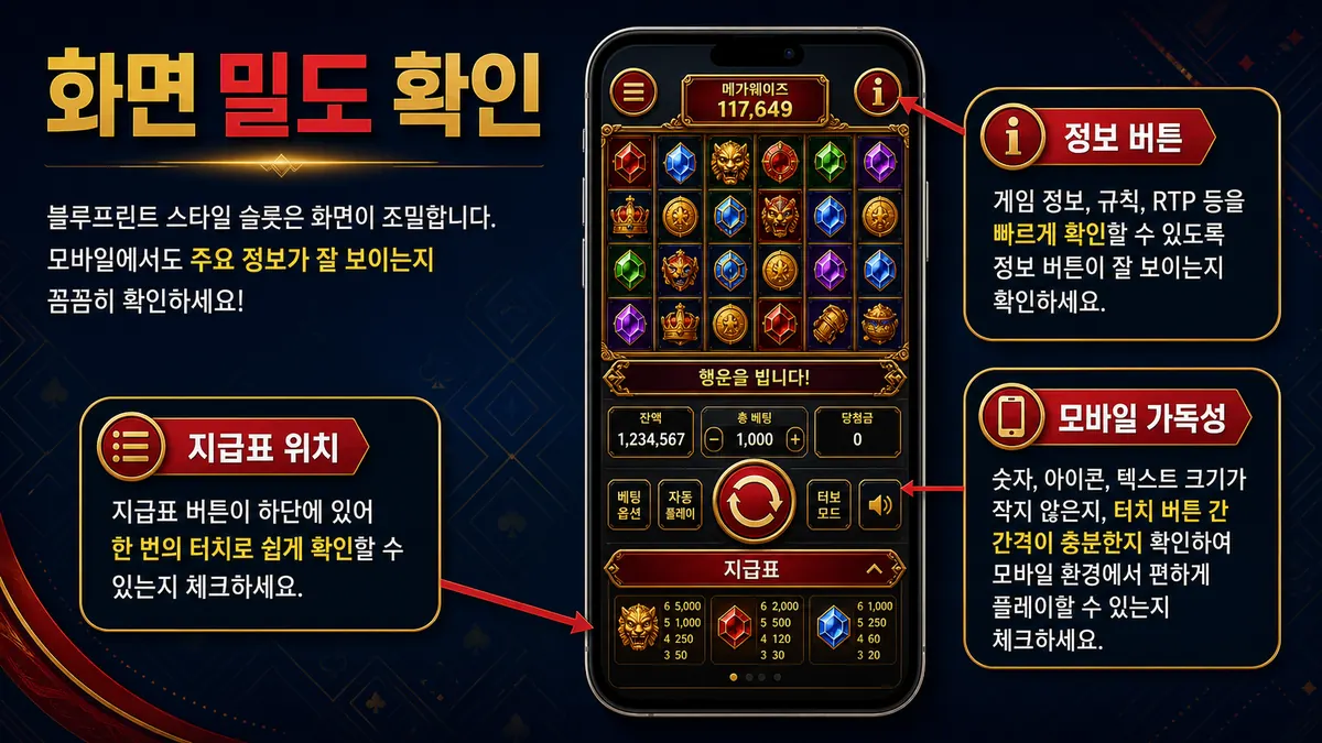블루프린트 게이밍 슬롯게임의 화면 밀도와 모바일 가독성을 설명하는 본문 이미지