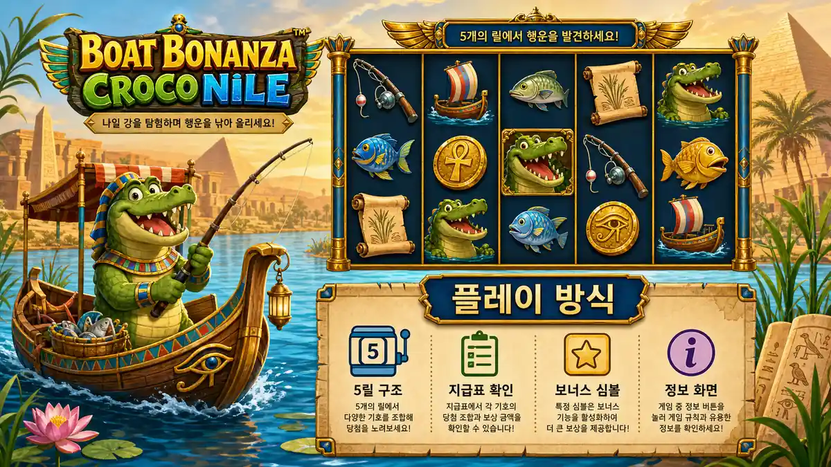 Boat Bonanza CrocoNile 슬롯게임의 5릴 구조와 지급표 확인 흐름을 설명하는 본문 이미지