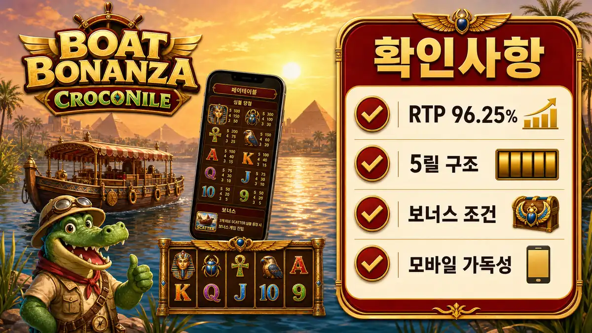 Boat Bonanza CrocoNile 슬롯게임의 RTP와 5릴 구조 및 모바일 확인사항을 정리한 본문 이미지