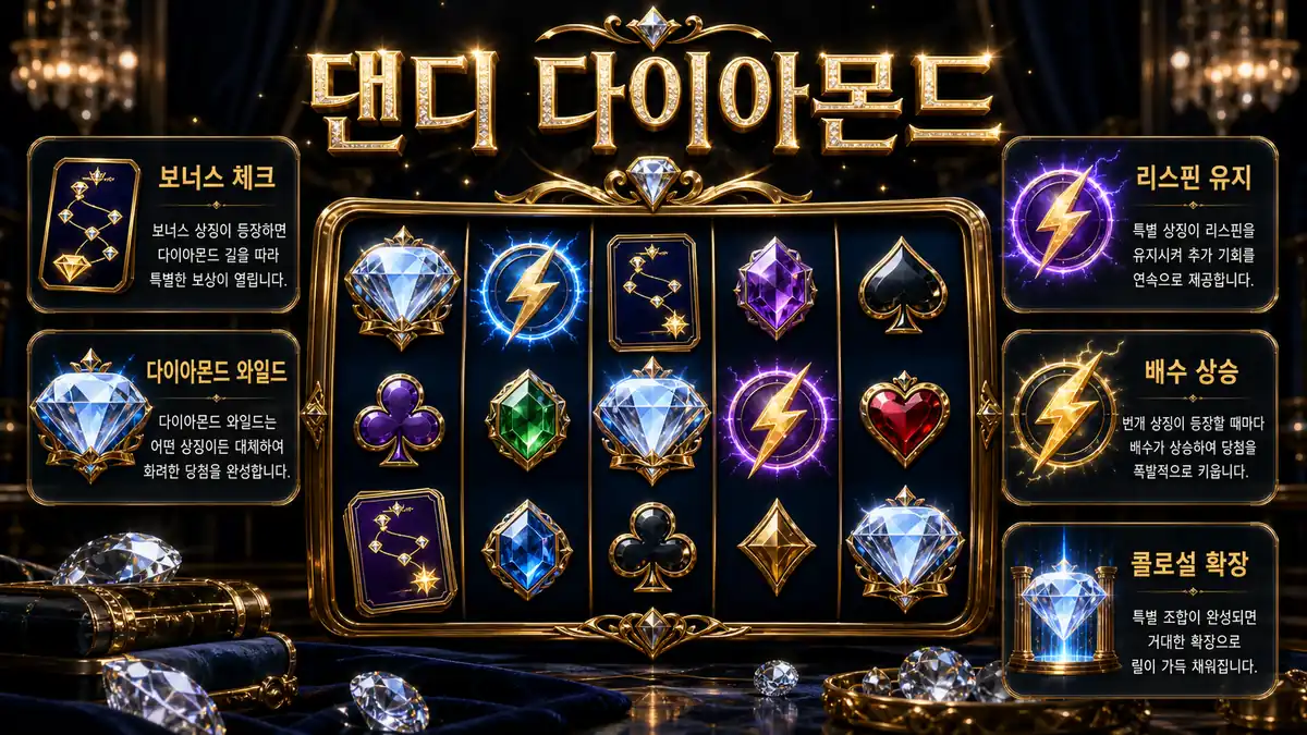 Dandy Diamonds 슬롯게임 보너스 체크 포인트를 정리한 한글 인포그래픽 이미지