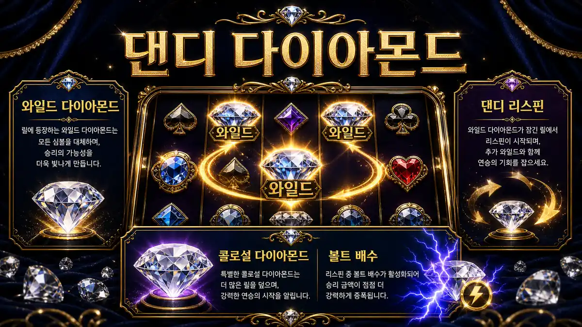 Dandy Diamonds 슬롯게임 와일드 다이아몬드와 댄디 리스핀 구조를 정리한 한글 인포그래픽 이미지