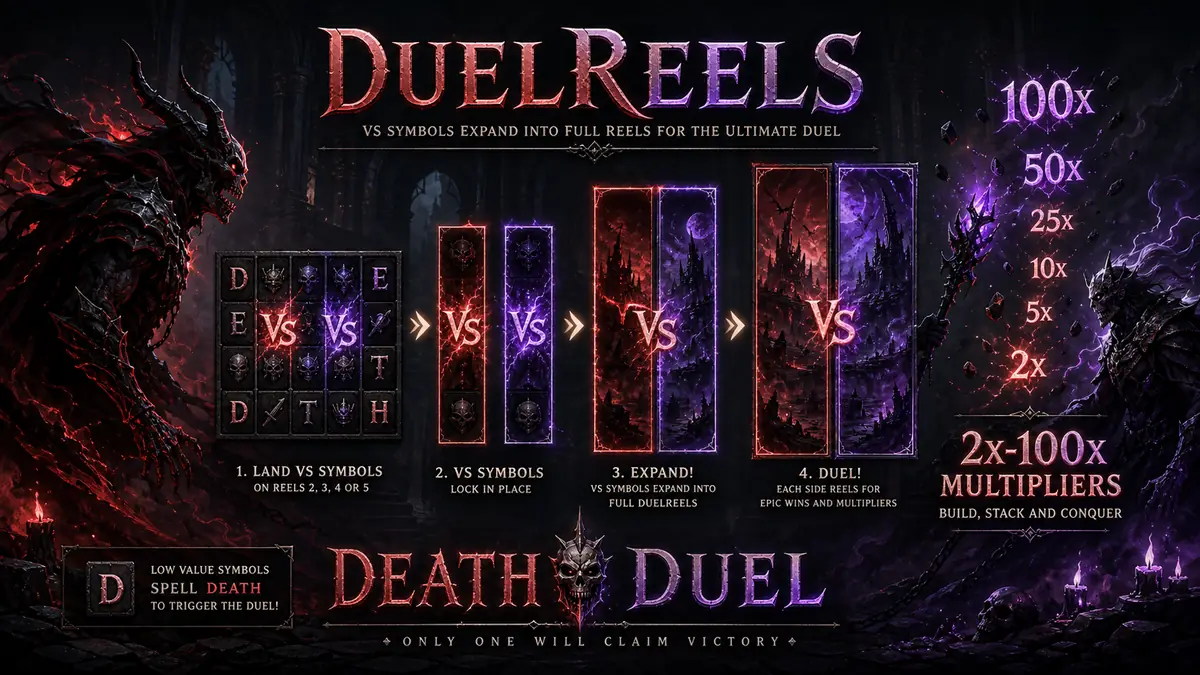 Death Becomes You 슬롯게임 DuelReels, VS 심볼, 2배부터 100배 배수 흐름을 설명하는 본문 이미지