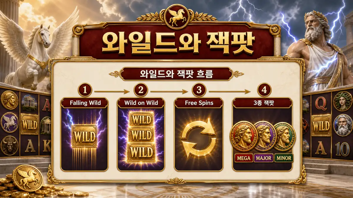 Divine Fortune 슬롯게임의 Falling Wild와 3종 잭팟 흐름을 정리한 본문 이미지