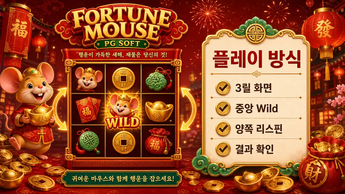포춘 마우스 슬롯의 중앙 Wild와 양쪽 릴 리스핀 방식을 설명하는 본문 이미지