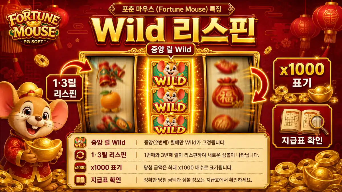 포춘 마우스 슬롯의 Wild 리스핀 기능과 x1000 표기를 정리한 본문 이미지
