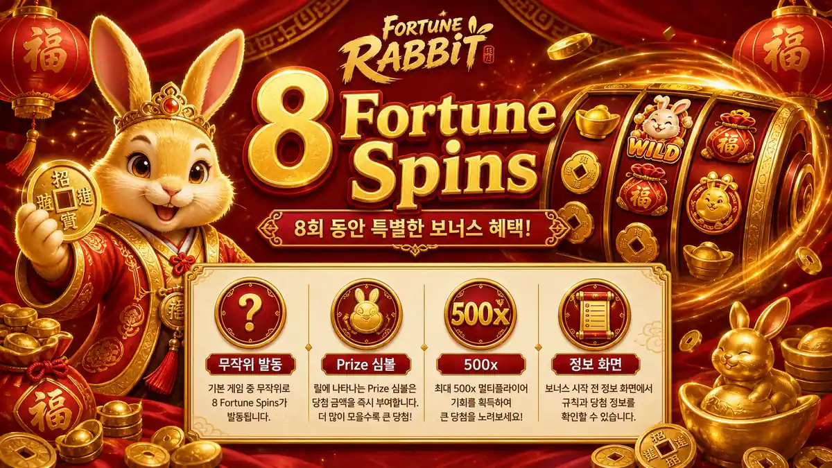 Fortune Rabbit 슬롯게임의 8 Fortune Spins와 Prize 심볼 기능을 정리한 본문 이미지
