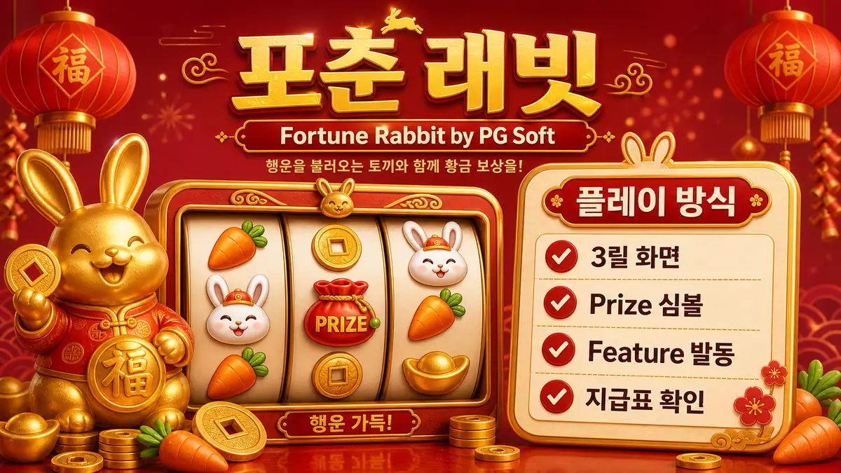 Fortune Rabbit 슬롯게임의 3릴 화면과 Feature 발동 흐름을 설명하는 본문 이미지