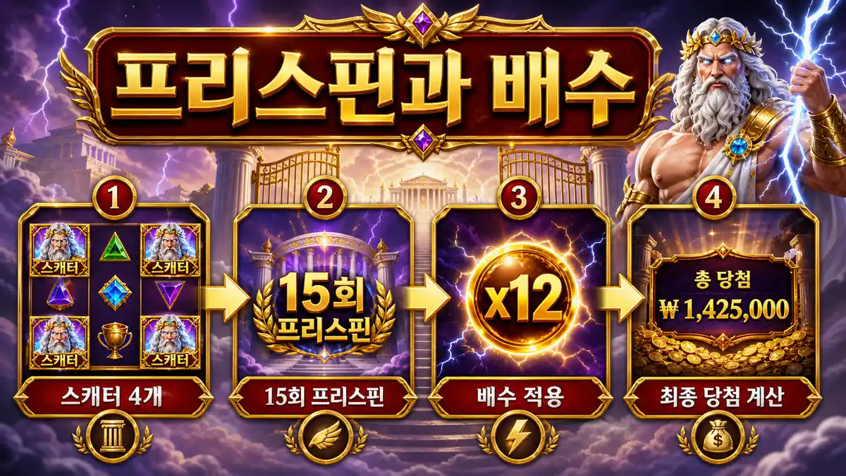 Gates of Olympus 슬롯게임의 프리스핀 진입과 배수 적용 흐름을 설명하는 본문 이미지