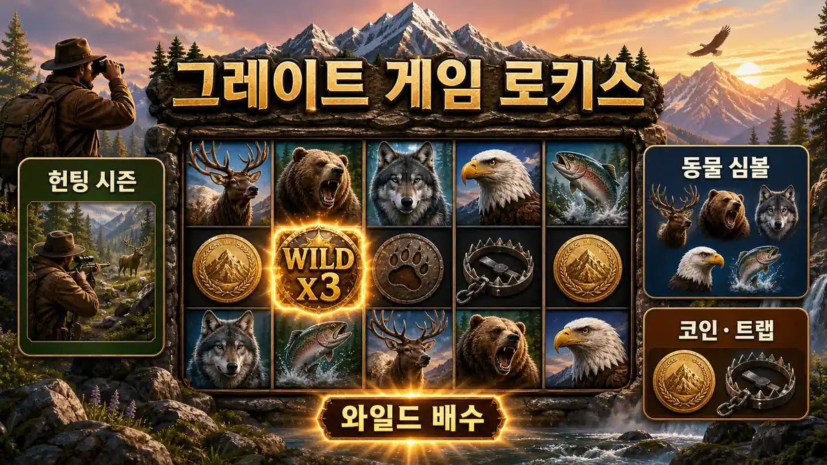 Great Game Rockies 슬롯게임 헌팅 시즌과 동물 심볼 흐름을 정리한 한글 인포그래픽 이미지