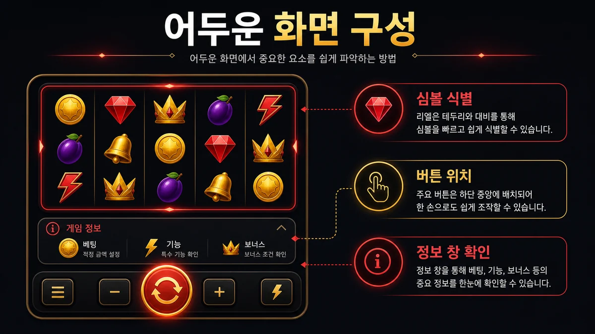 핵쏘 게이밍 슬롯게임의 어두운 화면 구성과 모바일 버튼 위치를 설명하는 본문 이미지