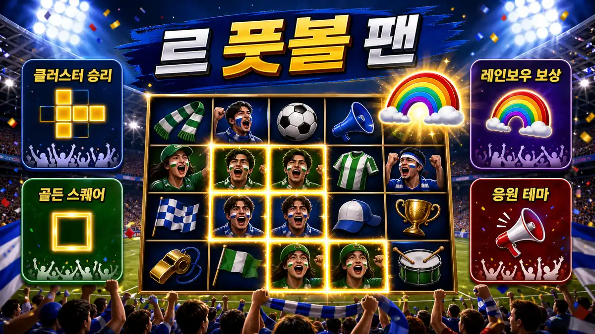 Le Football Fan 슬롯게임 클러스터 승리와 골든 스퀘어 흐름을 정리한 한글 인포그래픽 이미지
