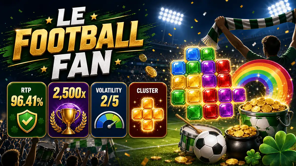 Le Football Fan 슬롯게임 RTP 96.41%, 최대 승리 2500배, 변동성 2/5, 클러스터 구조를 정리한 본문 이미지