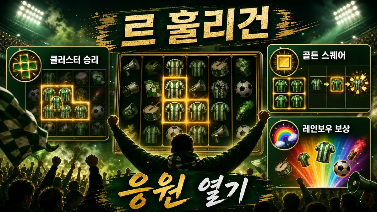 Le Hooligan 슬롯게임 클러스터 승리와 골든 스퀘어 흐름을 정리한 한글 인포그래픽 이미지