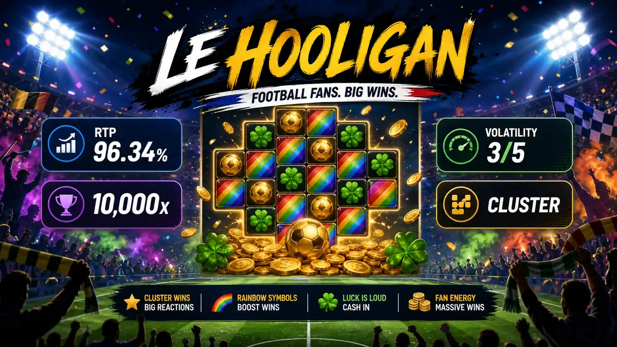 Le Hooligan 슬롯게임 RTP 96.34%, 최대 승리 10000배, 변동성 3/5, 클러스터 구조를 정리한 본문 이미지