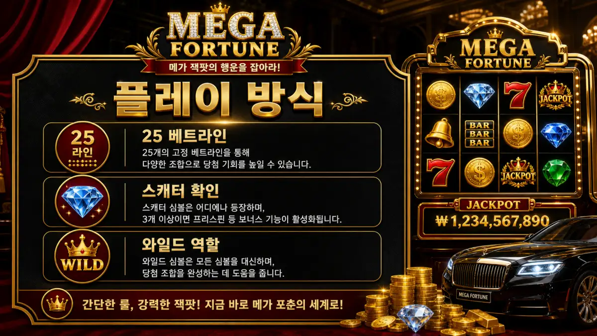 Mega Fortune 슬롯게임의 25 베트라인과 스캐터 와일드 흐름을 설명하는 본문 이미지