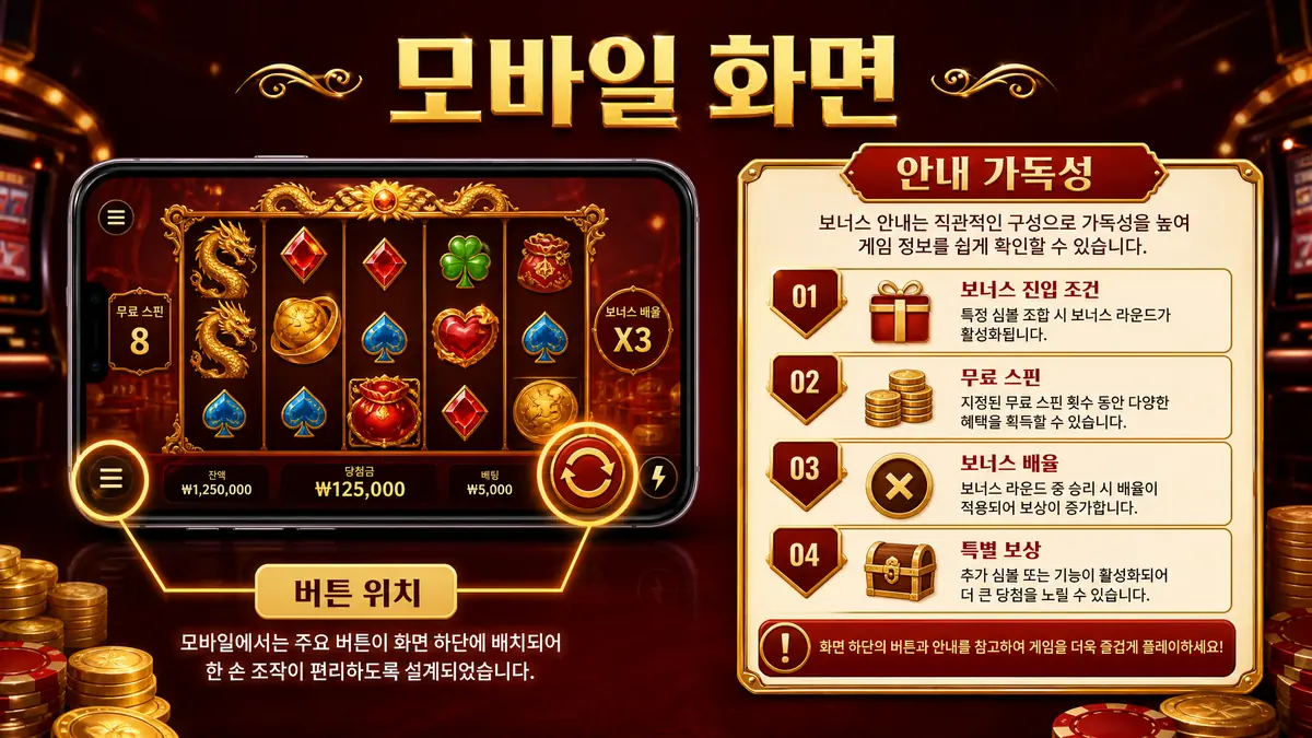 넷엔트 슬롯게임의 모바일 버튼 위치와 보너스 안내 가독성을 설명하는 본문 이미지