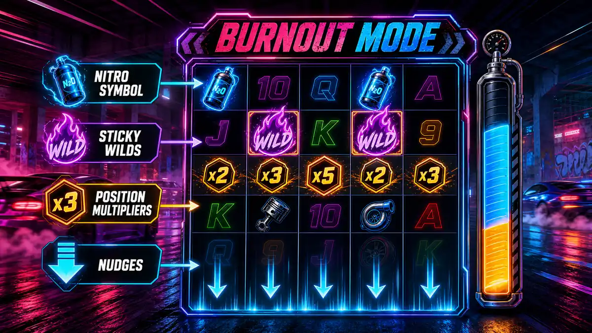 Nitro Nights 슬롯게임 Burnout Mode, Nitro 심볼, Sticky Wild, Position Multiplier, Nudge 구조를 설명하는 본문 이미지