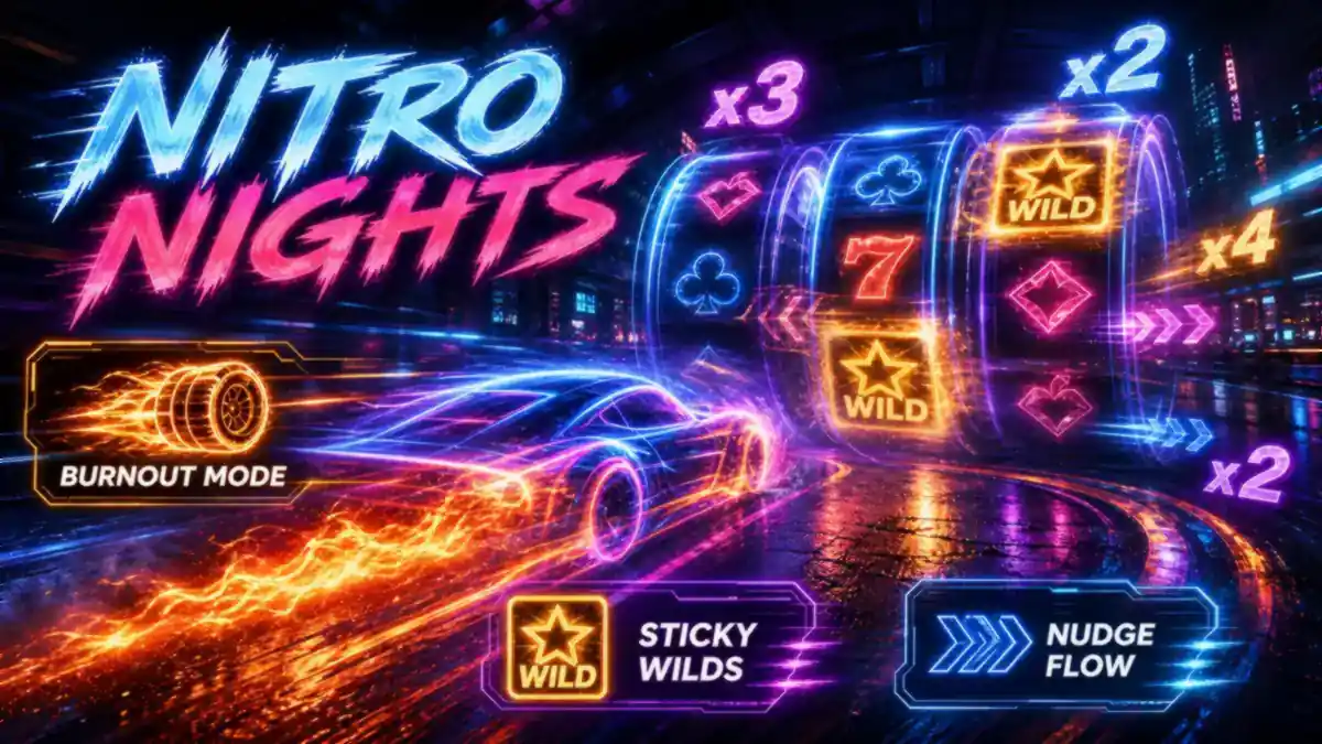 Nitro Nights 슬롯게임 Burnout Mode, Sticky Wild, Nudge 흐름을 표현한 생성 본문 이미지