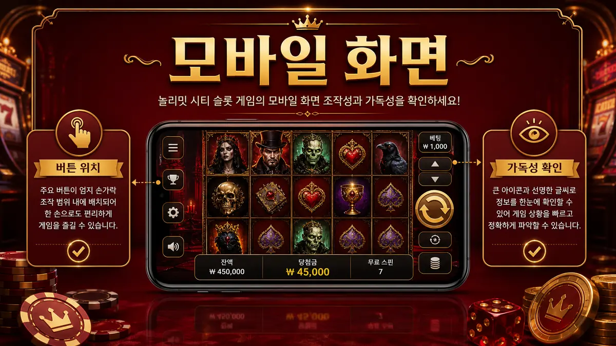 노리밋 시티 슬롯게임의 모바일 화면 조작성과 가독성을 설명하는 본문 이미지