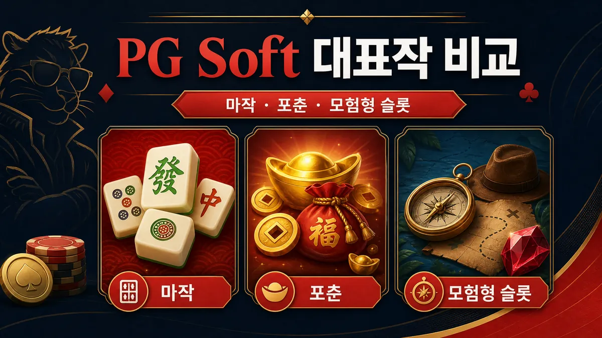 PG Soft 대표작 비교와 마작 포춘 모험형 슬롯 구성을 설명하는 본문 이미지