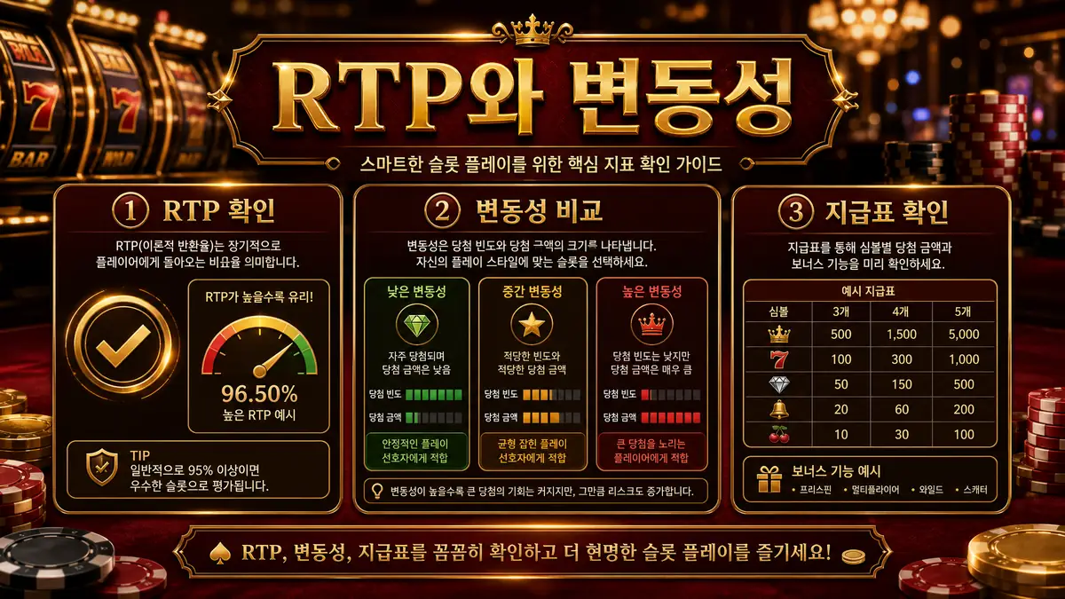 플레이앤고 슬롯게임의 RTP 확인과 변동성 비교, 지급표 확인 기준을 설명하는 본문 이미지