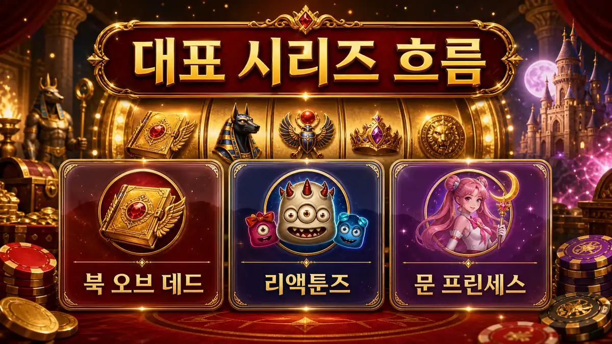 플레이앤고 대표 시리즈 Book of Dead, Reactoonz, Moon Princess 흐름을 정리한 본문 이미지