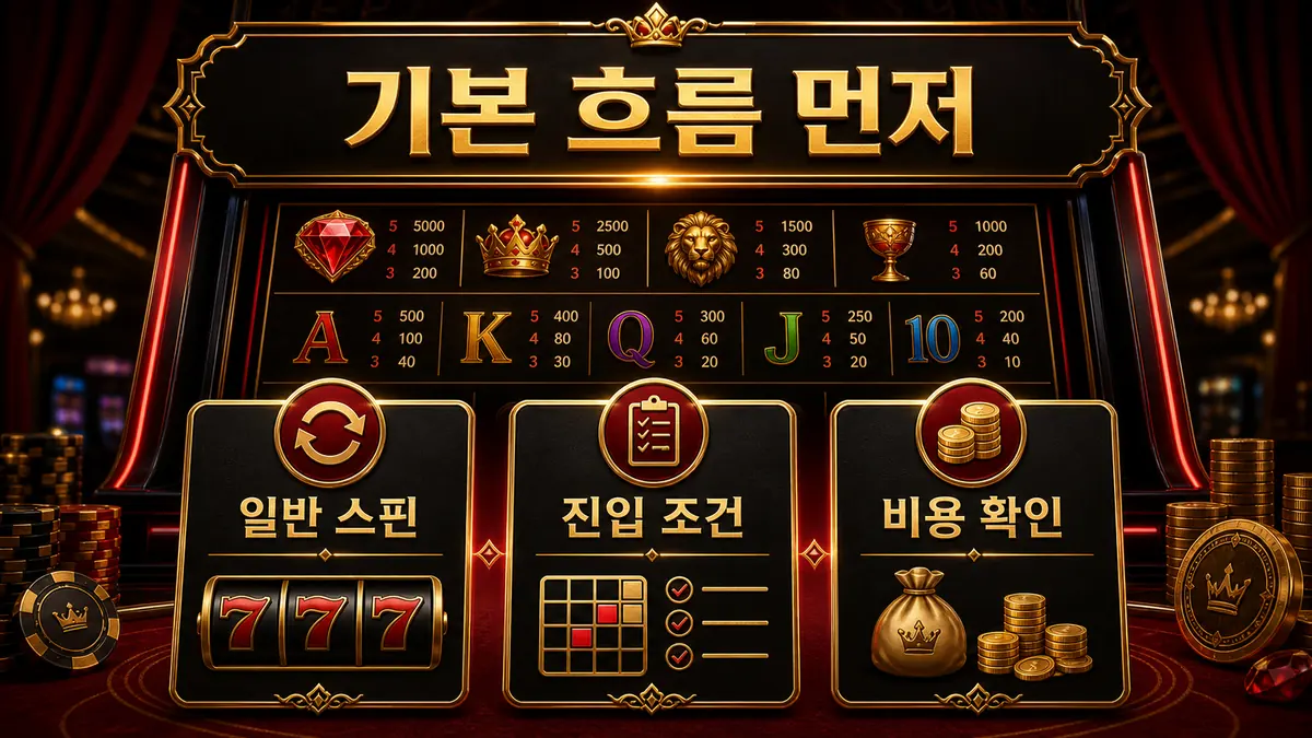 푸시 게이밍 슬롯게임의 기본 스핀과 진입 조건 확인 기준을 설명하는 본문 이미지
